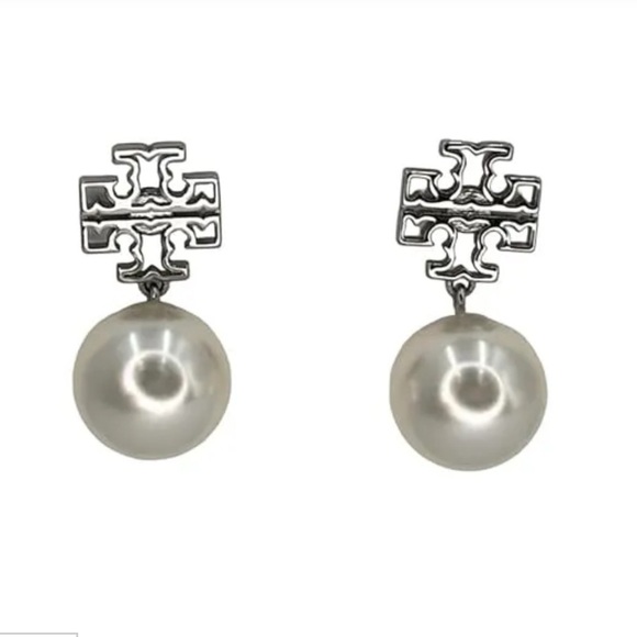 Tory Burch Britten Small Pearl Drop Earring White Gold Plated New - Picture 4 of 4